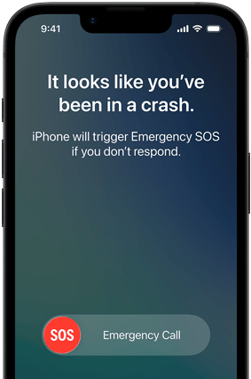 iPhone 17, skats no priek?puses, noapa?oti stūri, tiek izmantota avārijas noteik?anas funkcija