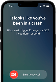 iPhone 17, skats no priek?puses, noapa?oti stūri, tiek izmantota avārijas noteik?anas funkcija