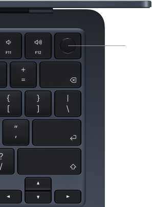 MacBook Air tastatūra, aug?ējais labais stūris, demonstrē Touch ID pogas atra?anās vietu