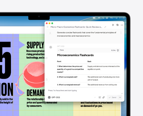 MacBook?Air screen showing Apple Intelligence Writing Tools creating flash cards about micro and macro economics