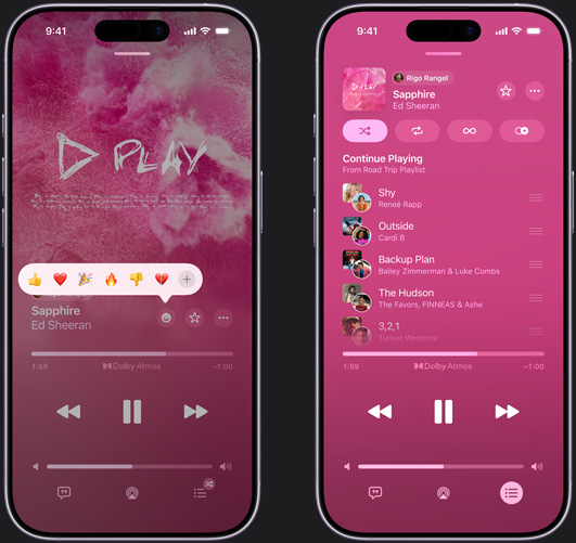 左邊的 iPhone 螢?zāi)簧巷@示正在播放 Ed Sheeran 的《Sapphire》，並出現(xiàn)反應(yīng)表情符號的提示，選項有豎起拇指、愛心、慶祝、拇指向下，以及添加其他反應(yīng)；右邊的 iPhone 顯示名為「Road Trip」的合作歌單，當(dāng)中包含多首由其他提供者加入的歌曲