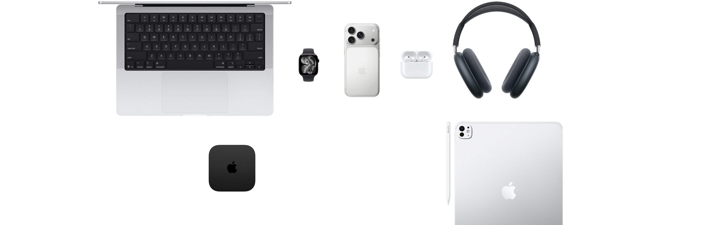 多款 Apple 產(chǎn)品展現(xiàn)眼前，包括 MacBook、Apple Watch Series 11、iPhone 17 Pro、AirPods Pro 3、AirPods Max 2、Apple TV、Apple Pencil Pro 和 iPad Pro