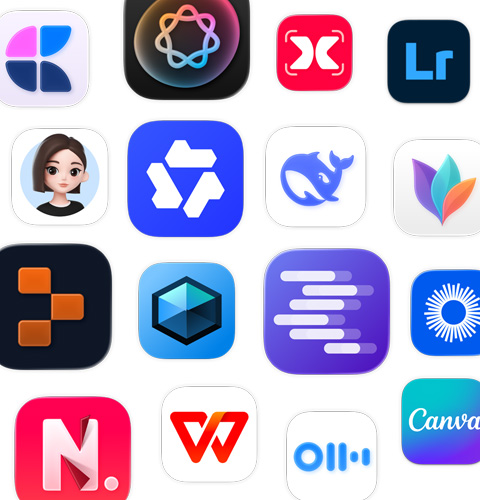 一系列 AI app 圖像，包括 MindNode、Adobe Lightroom、豆包和千問。