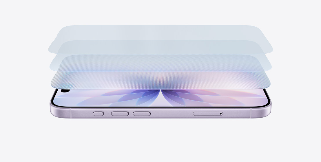 橫放的薰衣草紫色外觀 iPhone 17 的側(cè)面，以層疊設(shè)計展示陶瓷晶體護面 2