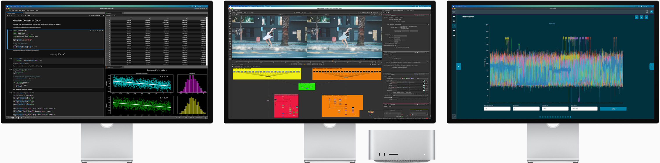 Mac Studio 和三部 Studio Display，三個螢?zāi)簧巷@示不同的 macOS app