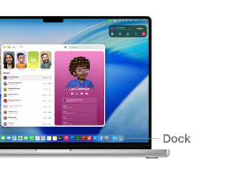 以 MacBook Pro 14 吋導(dǎo)覽 macOS 介面，線條標(biāo)示出 Dock 的位置。