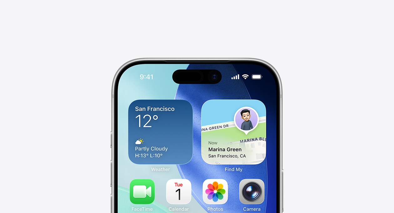 iPhone 螢?zāi)坏纳习氩糠?，展示主畫面，最頂一行為天?app 和尋找 app 的小工具