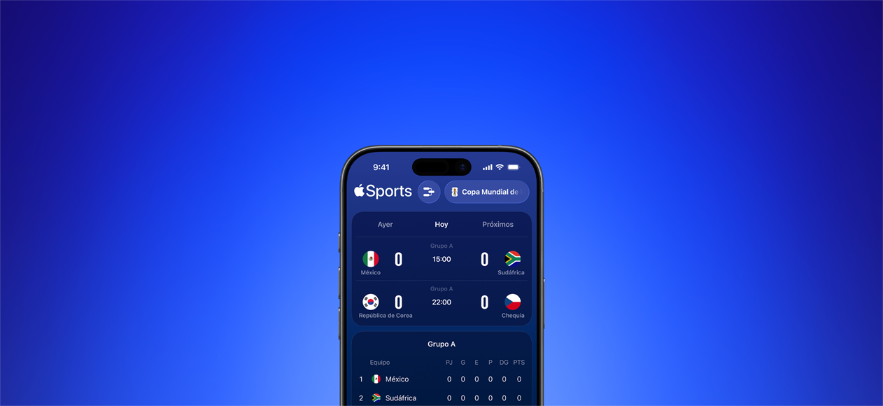 App Apple Sports en un iPhone que muestra los partidos del día de la Copa Mundial de la FIFA 2026, pesta?a Hoy seleccionada