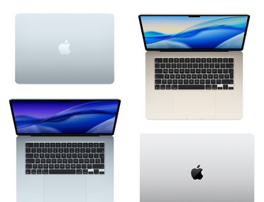 Cuatro modelos de computadoras Mac en distintos tama?os y colores que muestran la amplia gama de opciones de personalización