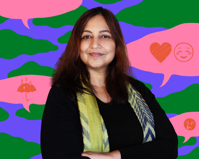Portrait de Jo?Aggarwal, fondatrice et PDG de Wysa, devant des illustrations colorées.