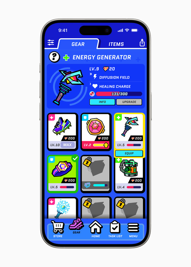 Un écran d’iPhone?15?Pro affiche la section ??Gear?? de Run?Legends.