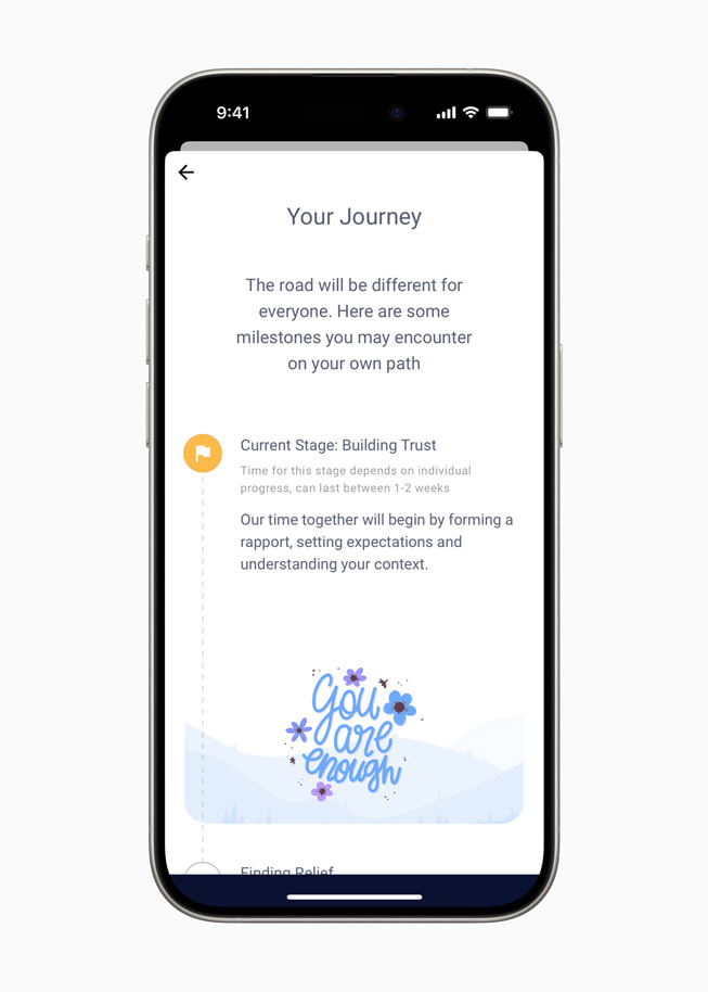 Un écran d’iPhone?15?Pro affiche la section ??Your Journey?? de l’app Wysa.