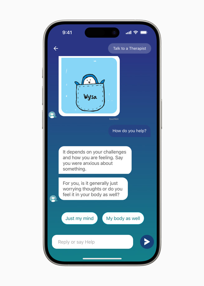 Un écran d’iPhone?15?Pro montre une discussion entre un utilisateur de l’app Wysa et un thérapeute.
