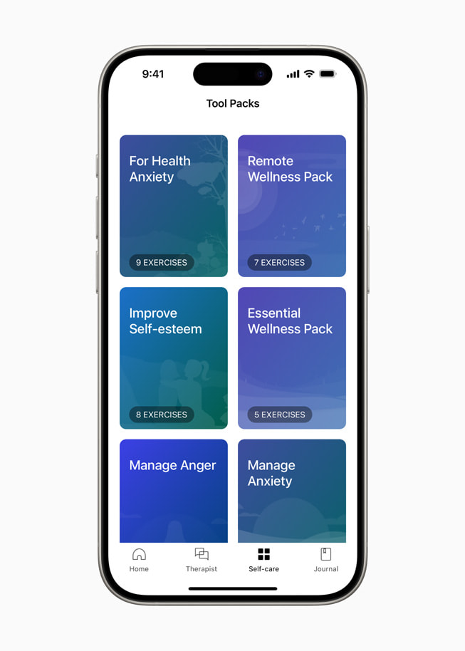 Un écran d’iPhone?15?Pro affiche le menu de Wyga, dont les options ??For Health Anxiety?? et ??Manage Anger??.