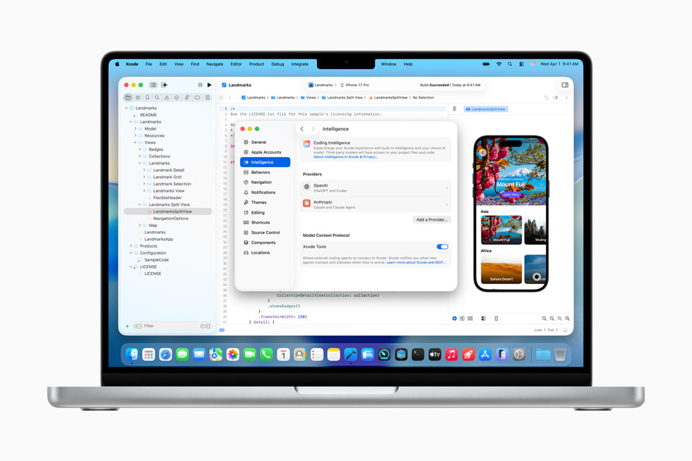Na pulpicie MacBooka Pro wida? aplikacj? Xcode z?nowymi funkcjami programowania agentowego.