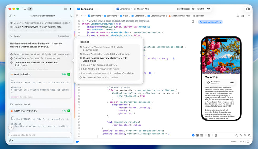 W??rodowisku Xcode programista korzysta z?programowania agentowego do stworzenia aplikacji na?iPhone’a, która ma pokaza? szczegó?owy widok góry Fuji.