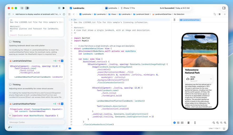 W ?rodowisku Xcode programista korzysta z?programowania agentowego do stworzenia aplikacji na iPhone’a, która wy?wietla szczegó?owy widok Parku Narodowego Yellowstone.