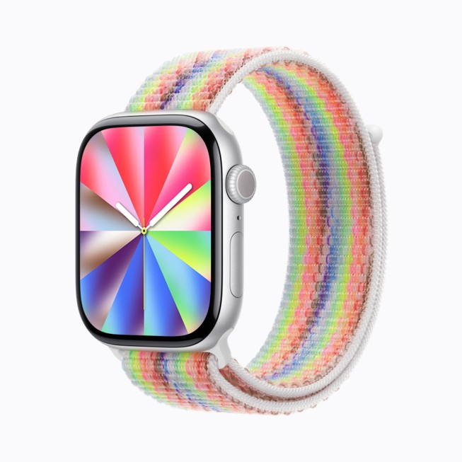 Eine Apple Watch Series 11 mit dem Zifferblatt ?Pride Luminance“ und dem Pride Edition Sportarmband.
