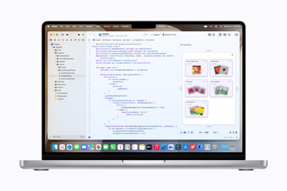 MacBook Pro shows coding in Xcode 27.