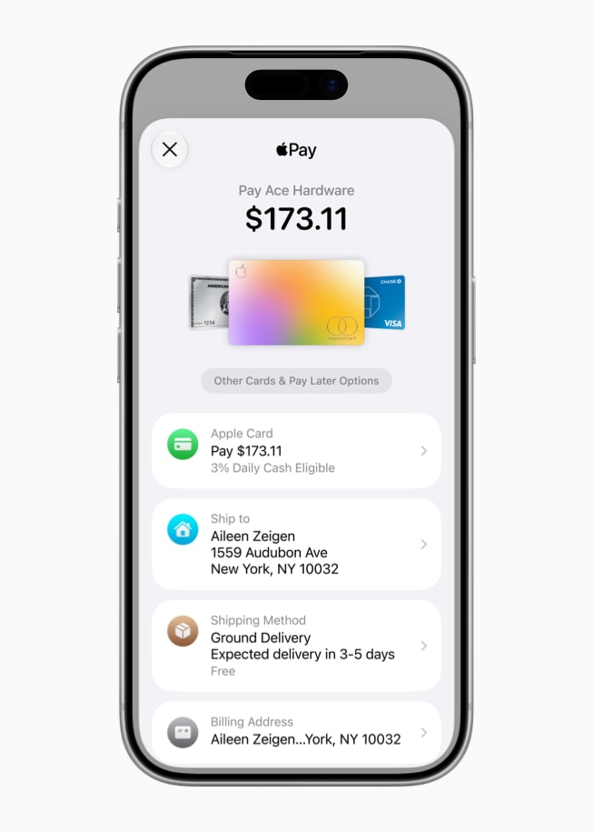 Pantalla de Apple Pay en un iPhone 17 Pro que muestra el monto total de una transacción, la información de una Apple Card, la información de envío del usuario y su dirección de facturación, así como el método de envío.
