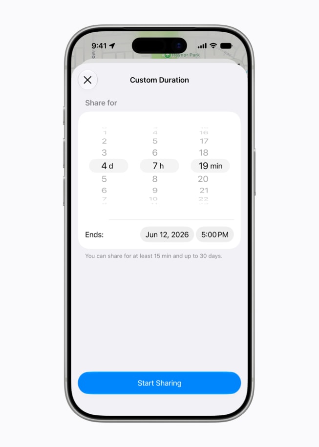 Pantalla de la app Encontrar en un iPhone 17 Pro en la que un usuario configura una duración personalizada de cuatro días, siete horas y 19 minutos.