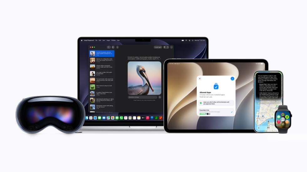 Przedstawione produkty: Apple?Vision?Pro, MacBook, iPad, iPhone, Apple?Watch i?Apple?TV.