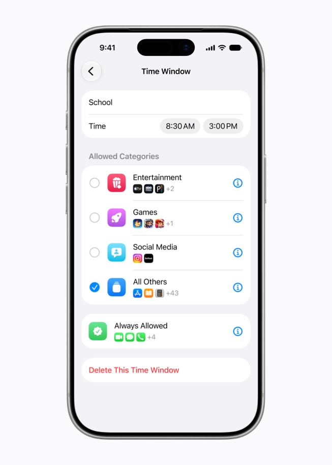Na ekranie iPhone’a?17?Pro wida? opcje konfiguracji pozwalaj?ce okre?li?, które kategorie aplikacji i?stron internetowych mog? by? u?ywane we?przedziale czasowym ?Szko?a”: od 8:30 do 15:00.