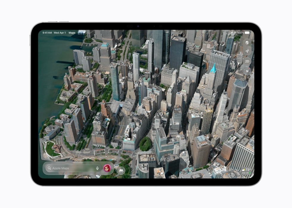 iPad pokazuj?cy w?aplikacji Mapy Apple widok budynków z?lotu ptaka.