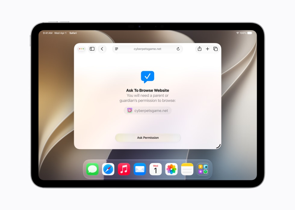 iPad wy?wietlaj?cy nad witryn? internetow? komunikat funkcji Popro? o?zgod? na przegl?danie z?napisem: ?Aby móc przegl?da? t? stron?, musisz mie? zgod? rodzica lub opiekuna”.