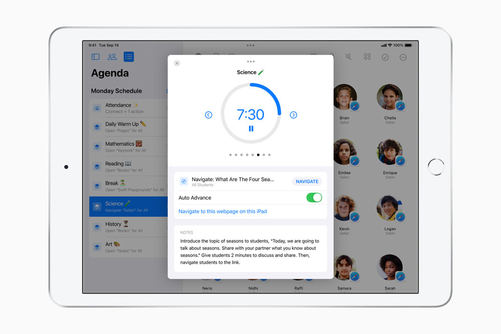 TKTK La nouvelle fonctionnalité Agenda de l’app En?classe d’Apple affichée sur un iPad.