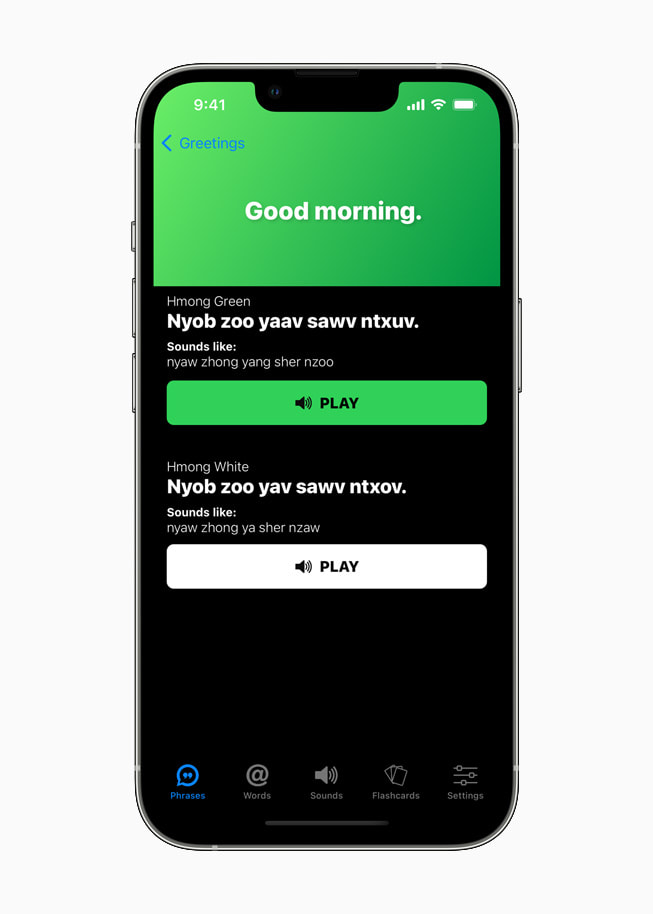 A user is shown the pronunciation for “Good morning” in the HmongWords app.