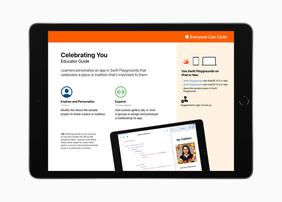 在 iPad 上展示《Swift Playgrounds Celebrating You Educator Guide》。