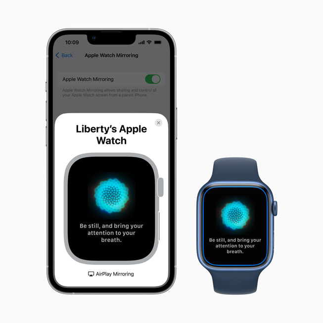 En iPhone sammenkoblet med en Apple?Watch viser hvordan Deling av Apple?Watch-skjerm kan brukes til ? se Pust-appen.