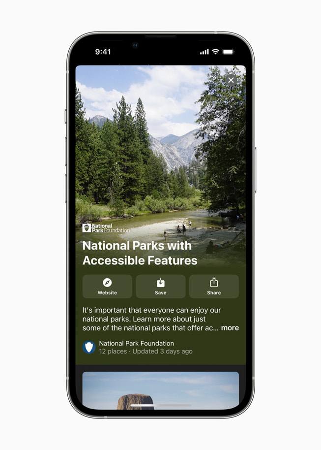 En iPhone-skjerm viser Park Access for All, en ny samling fra National Park Foundation som n? er tilgjengelig i?Kart.