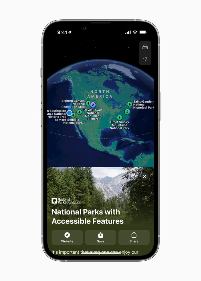 En iPhone-skjerm viser Park Access for All, en ny samling fra National Park Foundation som n? er tilgjengelig i Kart.