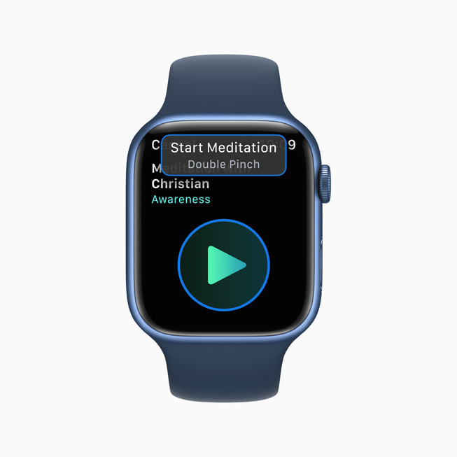 En Apple?Watch-skjerm viser bevegelsen dobbeltknip, som kan brukes til ? starte en meditasjons?kt.