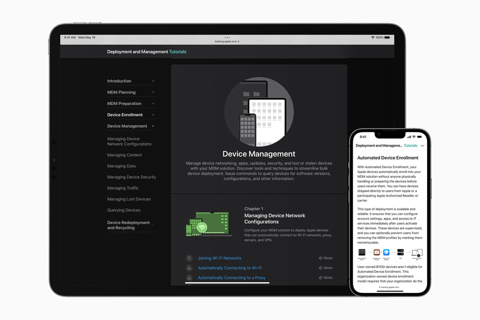 Skjermer p? MacBook og iPhone viser de oppdaterte fagkursene og sertifiseringene for IT-support og -administrering.