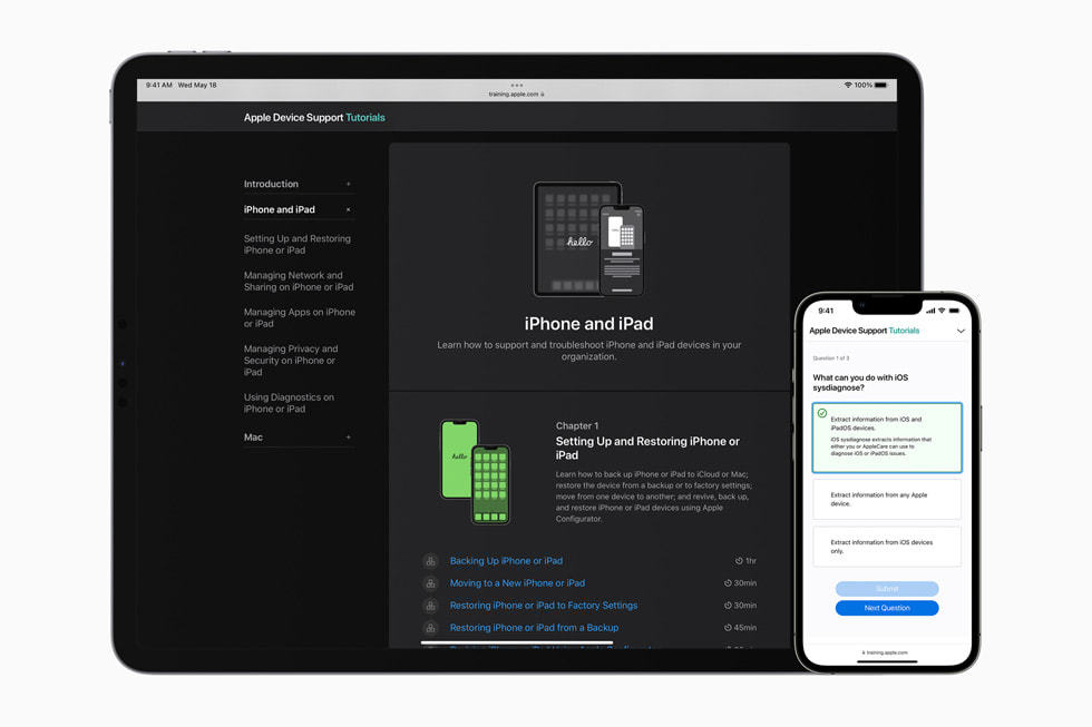 Skjermer p? MacBook og iPhone viser de oppdaterte fagkursene og sertifiseringene for IT-support og -administrering.