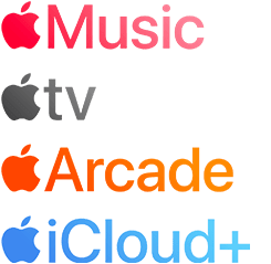 Logo us?ug subskrypcji Apple, w tym Apple?Music, Apple?TV, Apple Arcade, iCloud+