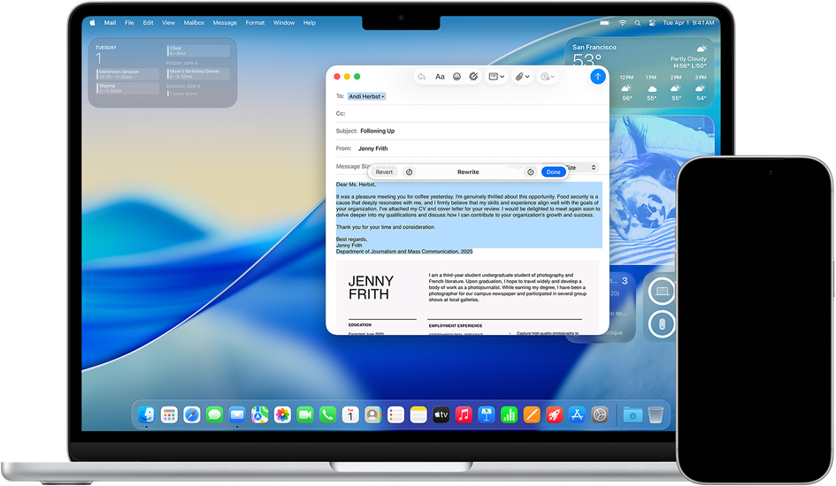 Mac z widocznymi Narz?dziami pisania oraz iPhone z widoczn? funkcj? t?umaczenie na ?ywo w aplikacji Wiadomo?ci