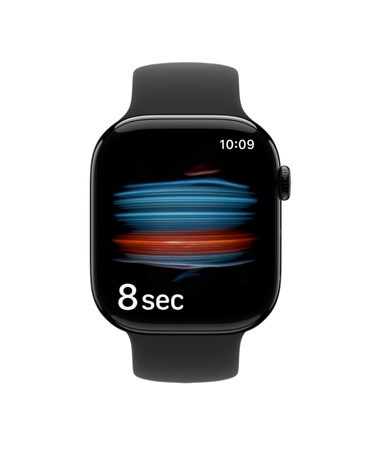Apple Watch Series 11 z kopert? z aluminium w kolorze onyksu i sportowym paskiem w kolorze czarnym. Aplikacja Zdrowie dokonuje pomiaru natlenienia krwi