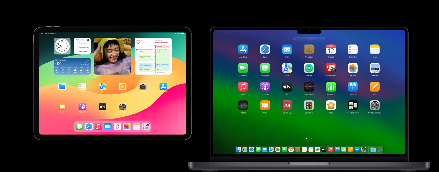 iPad i Mac wy?wietlaj?ce ikony ró?nych aplikacji. iPad pokazuje kilka wid?etów, w tym Kalendarz, Pogod? i Zdj?cia.