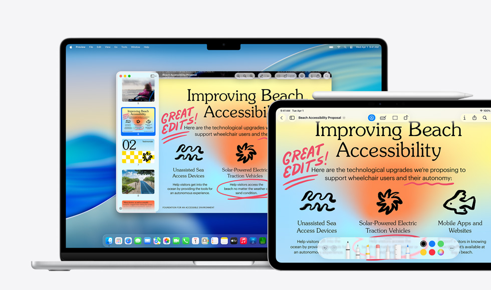 Kilka urz?dzeń Apple wy?wietlaj?cych ten sam obraz, na iPadzie wprowadzono oznaczenia za pomoc? Apple Pencil, które automatycznie pojawiaj? si? na pozosta?ych urz?dzeniach