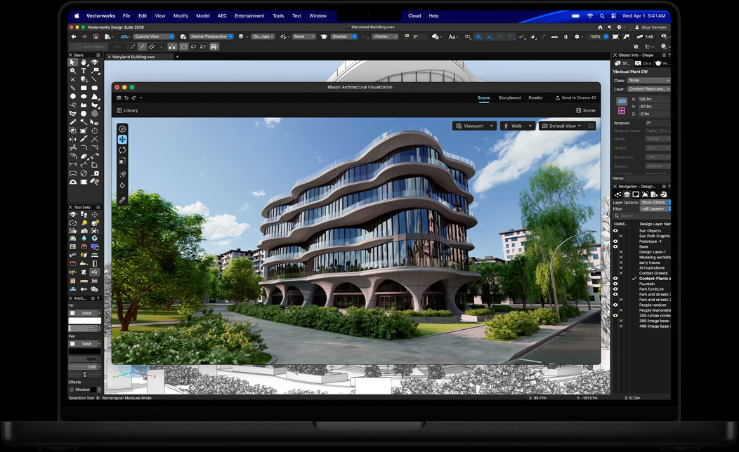 Ekran MacBooka Pro przedstawiaj?cy pakiet Vectorworks Design Suite w aplikacji Maxon Redshift