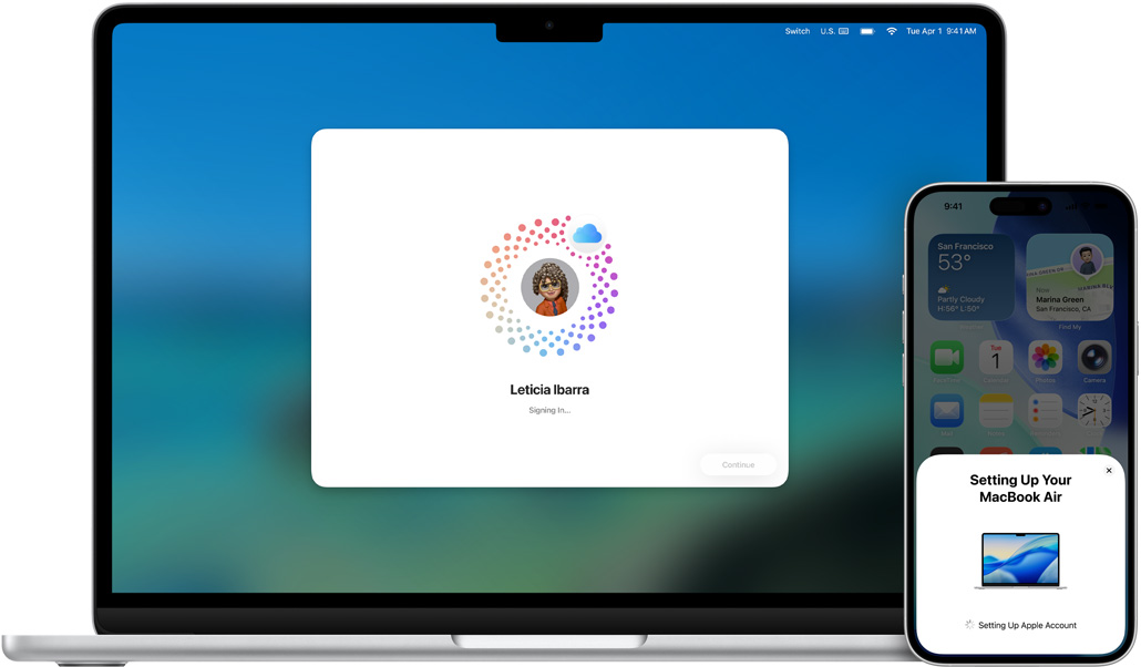 13?calowy MacBook Air i iPhone 16 Plus, na MacBooku instaluje si? system macOS, iPhone wy?wietla powiadomienia dotycz?ce konfiguracji