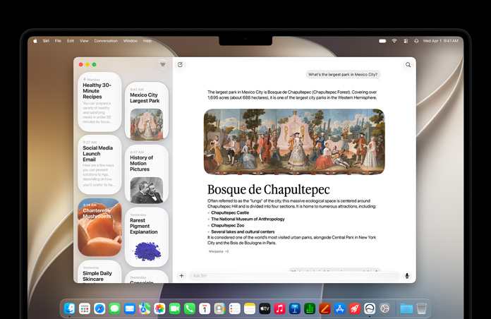 14?calowy MacBook Pro w kolorze gwiezdnej czerni. Na ekranie wida? aplikacj? Siri wy?wietlaj?c? aktywn? rozmow? z Siri AI i poprzednie konwersacje na pasku bocznym.