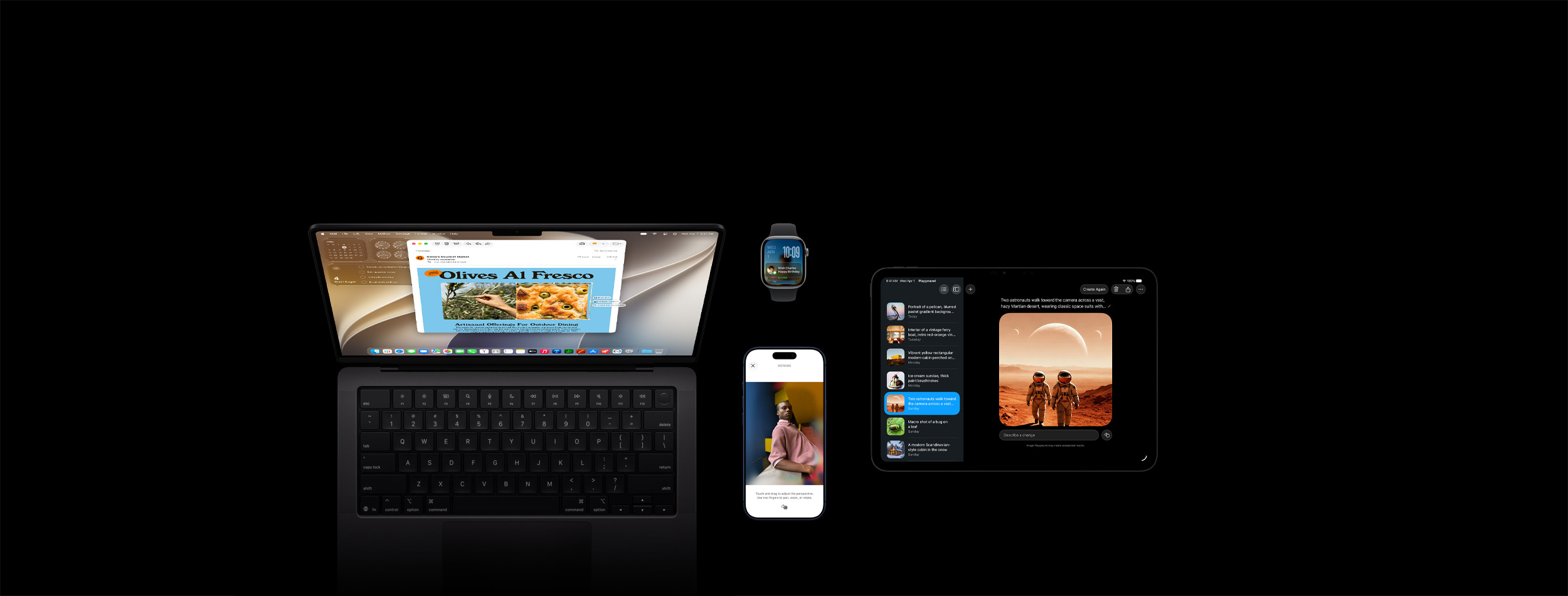Cztery produkty, w tym iPhone 17 Pro w kolorze g??binowego b??kitu z widocznym demo funkcji Zmień kadr i zdj?ciem osoby opartej o lad?, Apple Watch Series 11 w rozmiarze 46 mm w kolorze gwiezdnej szaro?ci z widoczn? dat? i ekranem blokady z przypomnieniem o urodzinach w Stosie inteligentnym, 14-calowy MacBook Pro w kolorze gwiezdnej czerni z widoczn? funkcj? Inteligencja wizualna i ze zrzutem ekranu przedstawiaj?cym focacci? z oliwkami z mejla i wieloma podpowiedziami dotycz?cymi tego obrazu oraz iPad Pro 11 w kolorze gwiezdnej czerni z widoczn? funkcj? Image Playground z obrazem dwóch astronautów wybranym z listy na pasku bocznym