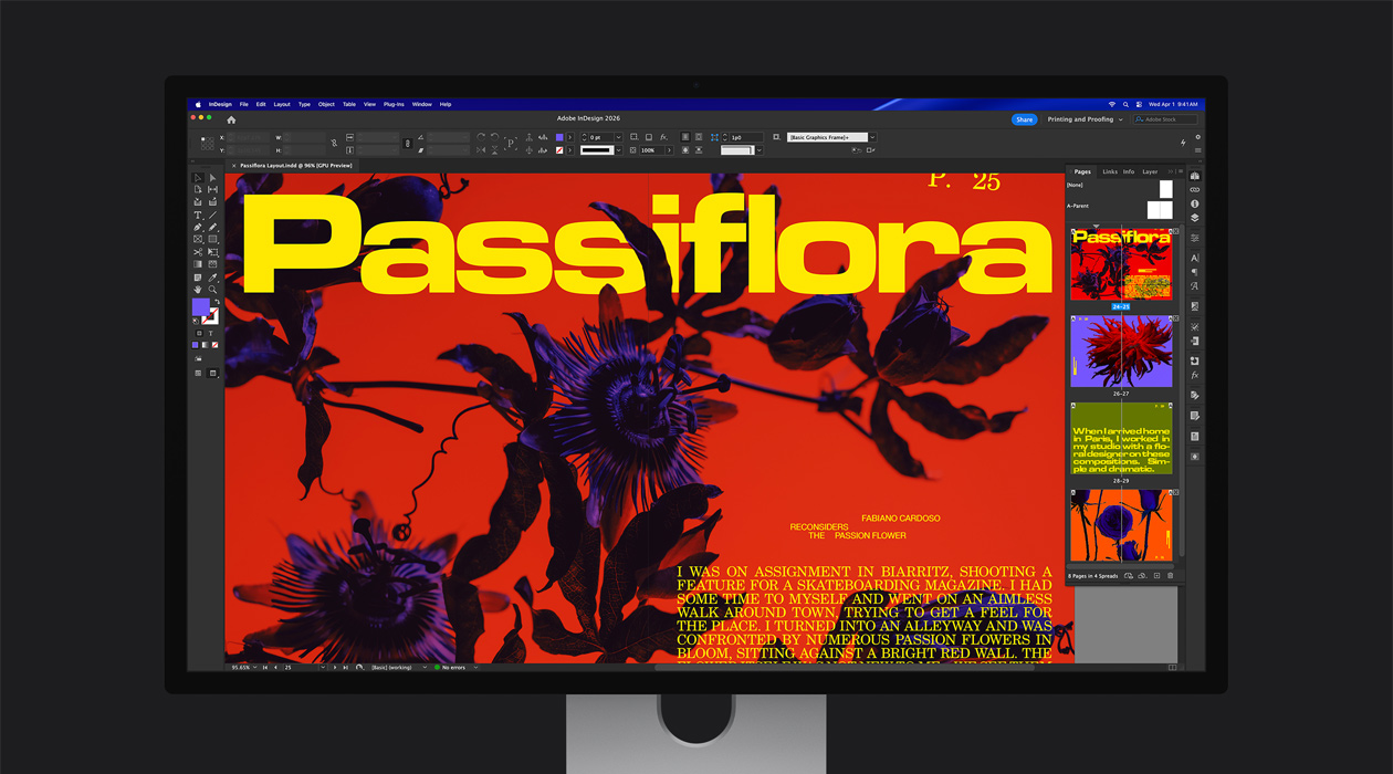 Projekt Adobe InDesign 2026 z wyrazistym artyku?em w czasopi?mie prezentuj?cy przestrzeń kolorów P3 i Adobe RGB