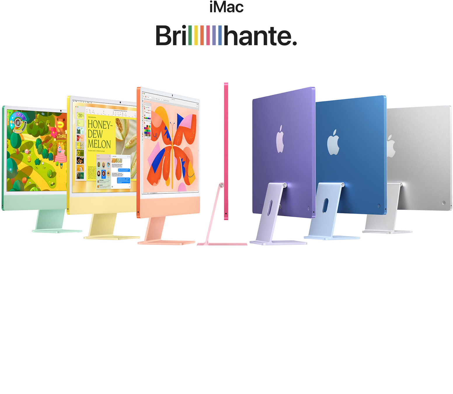 7 iMac em diferentes cores (verde, amarelo, laranja, rosa, roxo, azul e prateado) em acorde?o