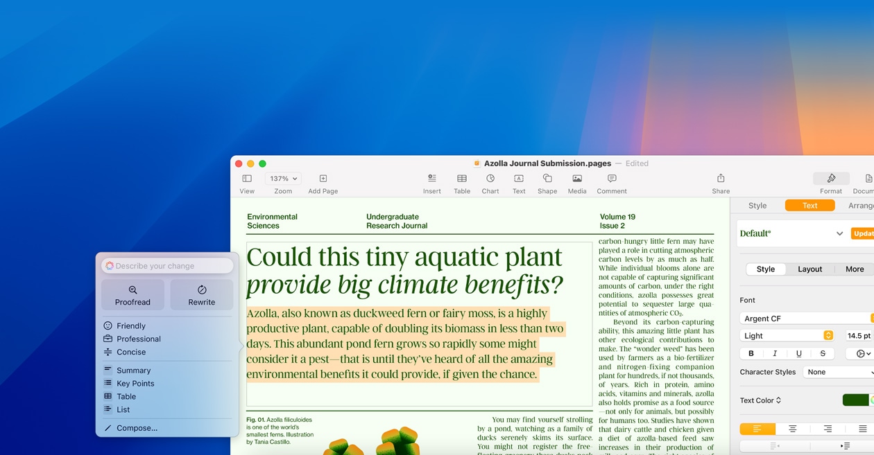 Ecran demonstrand func?ia de editare a Instrumentelor de scris din Apple Intelligence